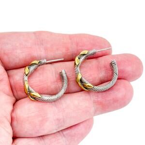 Vintage Sterling Silver 925 Brass X Design Twisted Rope Hoop Earrings